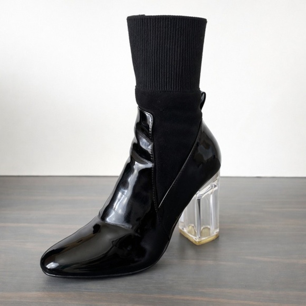 Cape Robbin‎ Y2K Sock Booties Women 5.5 Shiny Black Chunky Clear Heels Fur Lined